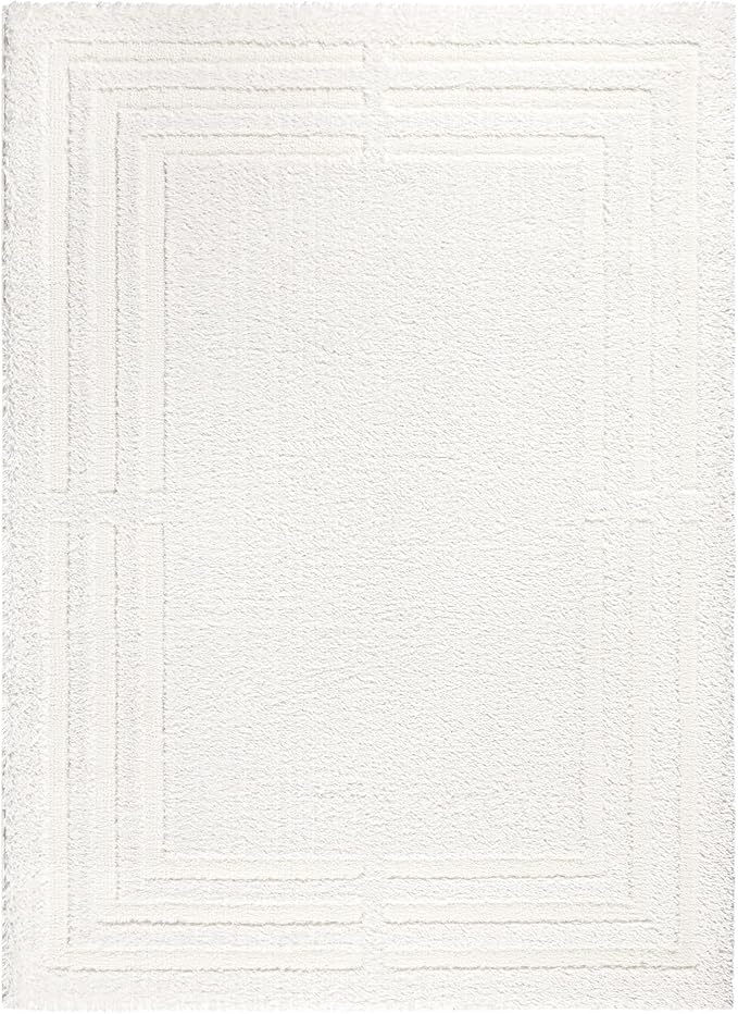 Town & Country Everyday Cloud Shag Plush Border Area Rug with High-Low Pile, Ivory, 5'2"x7'2"