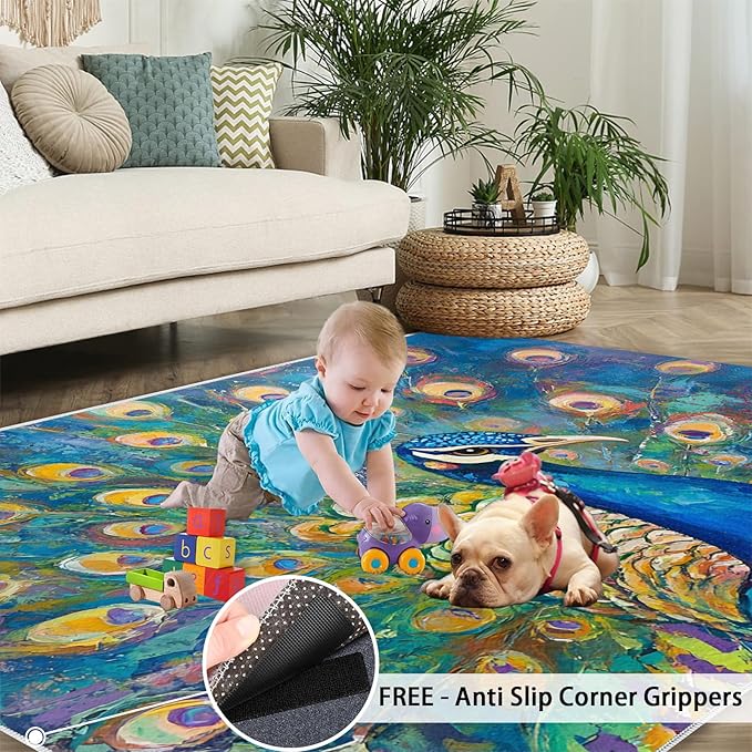 Peacock Rug Large - 8x10 Rug, Turquoise Teal Peafowl Washable Rugs for Living Room, Peafowl Decor Carpet, Modern Style Non-Slip Area Rugs for Bedroom, Aesthetics Carpet - Peafowl Home Decor & Gifts