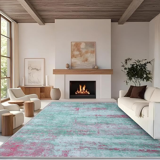 9x12 Abstract Area Rugs for Living Room, Modern Washable Indoor Rug for Bedroom, Thin Soft Large Non-Slip Carpet for Dining Room Home Office Farmhouse Decor - Abstract Green Red
