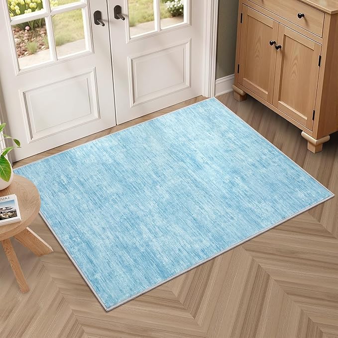 RUGSREAL Small Area Rug 2x3 Entryway Mat with Rubber Backing Stain Resistant Throw Carpet Modern Solid Color Bath Mat Contempowary Washable Rug for Living Room Bedroom Dining Room Kitchen, Blue 2x3