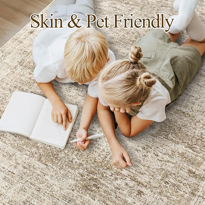 7x9 Area Rug for Living Room Washable Abstract Vintage Soft Thin Indoor Floor Non-Slip Carpet for Bedroom Dining Room Brown