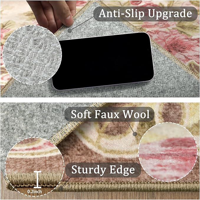 4ft Round Machine Washable Area Rug for Living Room, Pink Vintage Boho Floral Rug Large Non-Slip Low Pile Soft Faux Wool Carpet, Kids and Pets Friendly for Bedroom Nursery Farmhouse Home Decor Rug