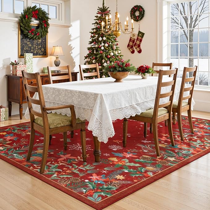 Wonnitar Christmas 8x10 Area Rugs for Living Room, Low Pile Soft Large Bedroom Rug, Non-Slip Washable Red Floral Snowflake Holiday Decor Floor Carpet for Dining Room(Christmas Red,8'x10')