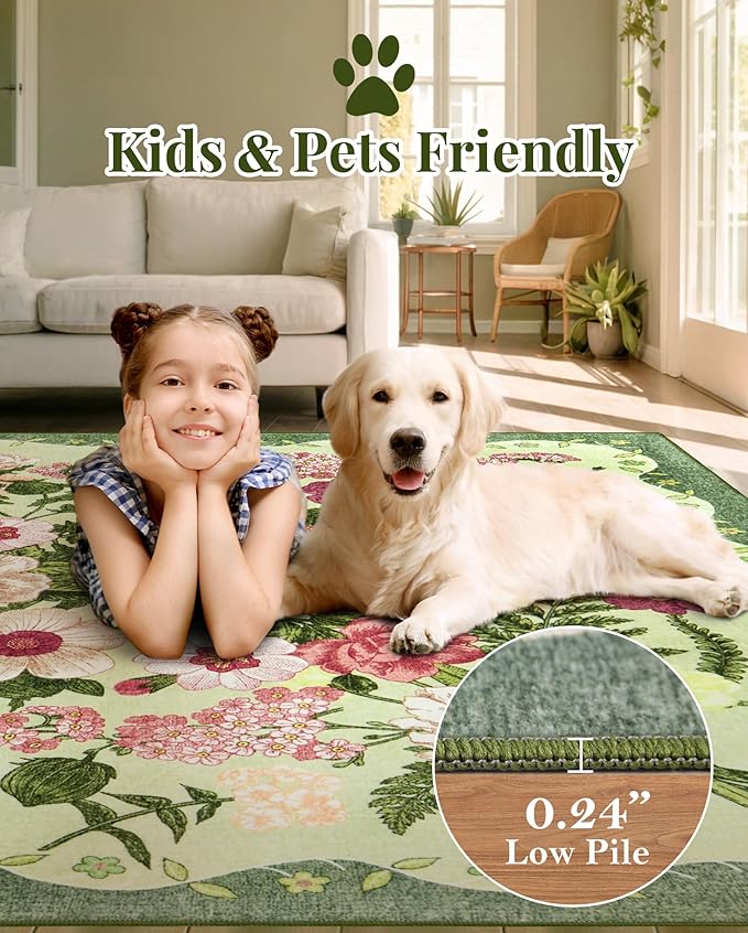 Floral Runner Rug 2x6 - Washable Vintage Bedroom Runner Rug Low Pile Non-Slip Carpet for Entryway Hallway, Laundry, Bathroom, Kitchen - Soft, Stain Resistant Indoor Area Rug - Green