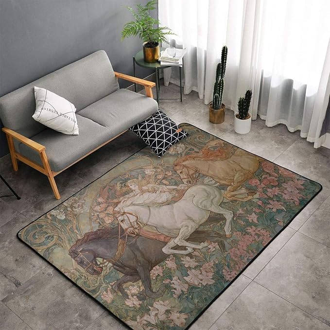 Horse Western Boho Ethnic Style Area Rug Washable Outdoor Rugs Anti-Slip Soft Carpet Entryway Indoor Door Mat for Bedroom,Living Room,Porch,Terrace and Entrance Decor 9'x 6'