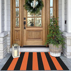 KOZYFLY Striped Rug 27.5x43 Inches Orange and Black Halloween Fall Front Door Rug Hand Woven Area Rugs Washable Outdoor Doormats Indoor Entrance Mat for Front Porch Kitchen Entryway Patio Holiday