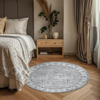 jinchan Fiora Round Rug 4ft Area Rug - Indoor Vintage Hallway Circle 4' Washable - Ultra-Thin Low Pile Soft Small Non Slip Distressed Floral Print for Living Room Dining Room Bedroom Entryway Grey