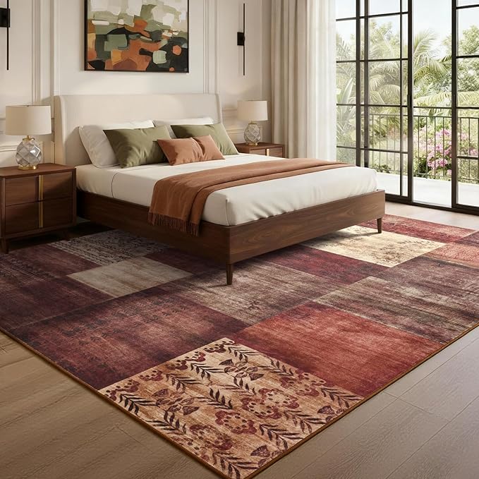 DweIke Washable Area Rugs for Living Room, 6x9 Large Bedroom Rugs, Geometric Print Non Slip Low Pile Indoor Throw Carpets for Bedroom Apartment Dining Room Home Office Hardwood Floor, Red