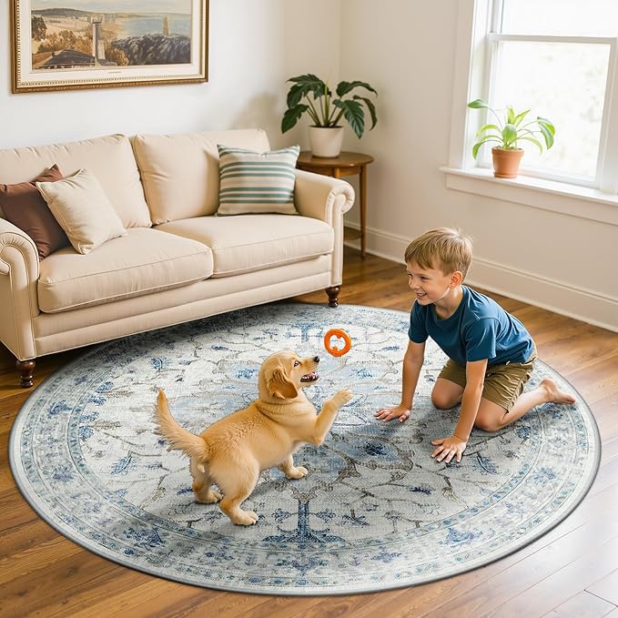Area Rugs 5ft Washable Non-Slip, Floral Vintage Distress Print Pattern Medallion Carpet for Living Room Bedroom Dining Room, Light Blue Navy Beige Gray White