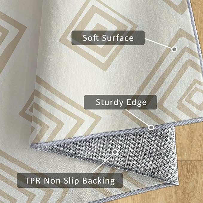Washable 5x8 Modern Geometric Rug Living Room, Beige Abstract Diamond Design Area Rugs for Bedroom, Modern Geometric Home Decor Carpet, Low Pile, Non Slip, Kids & Pet Friendly (N4182)