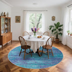 Round 5ft Abstract Rug, Modern Washable Indoor Circle Area Rugs for Living Room, Soft Circular Non-Slip Carpet Floor Mat for Entryway Dining Room Home Office - Teal+Purple