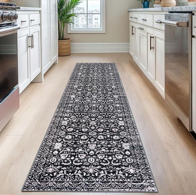 Hallway Runner Rug, Black and White Washable Runner Rug 2x8 Vintage Floral Kitchen Rug Runner Non Slip Boho Thin Printed Faux Wool Super Soft Carpet for Entryway Bedroom Laundry Room Indoor