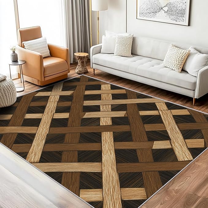 Checkered Rug, Washable 6x9 Rug for Living Room, Wood Grain Patterned Indoor Carpet, Checkered Geometric Decor for Home, Bedroom, Soft Non Slip Thin Design FER31
