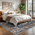 KOZYFLY Boho Area Rug 6x9 Ft Thin Rugs for Living Room Washable Bedroom Rug Non Slip Rugs for Living Room Gold Navy Printed Faux Wool Vintage Bedroom Rug Floor Carpet for Dining Room