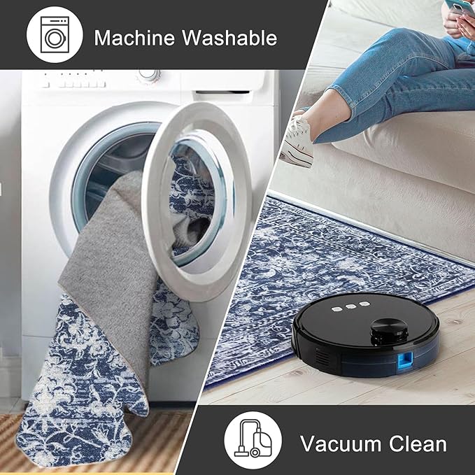 KILOCOCO Washable Rug 2x3 Rug for Entryway Printed Vintage Floral Soft Non-Slip Blue Kitchen Rugs Indoor Door Mat, Small Accent Throw Rugs for Laundry Room Bedroom Entrance