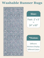 SERISSA Boho Washable Runner Rug, 2x5 Rug Non-Slip Vintage Floral Hallway Kitchen Runner Rug Ultra Soft Print Distressed Blue Grey Floor Carpet for Bedroom Bathroom Laundry Room