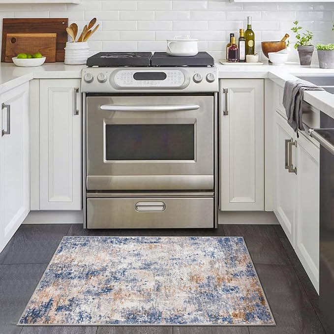 Modern Abstract Entryway Rug Indoor 2x3 Washable Non-Slip Soft Grey Blue Orange Colorful Small Area Rug Kitchen Mat Thin Print Faux Wool Floor Carpet for Entrance Bedroom Office