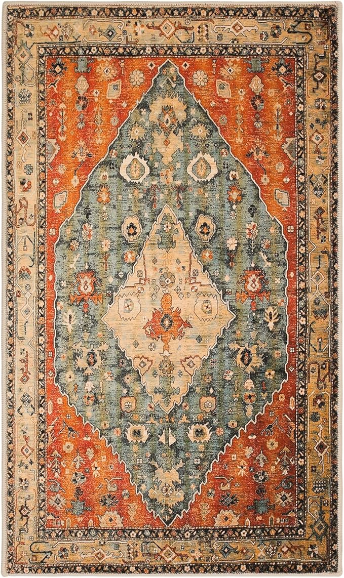 COMSLE Boho Area Rug, 3' x 5' Machine Washable Rugs for Entryway Faux Wool Large Rugs Distressed Throw Rug Non-Slip Floor Carpet for Indoor Bedroom Kitchen Living Room