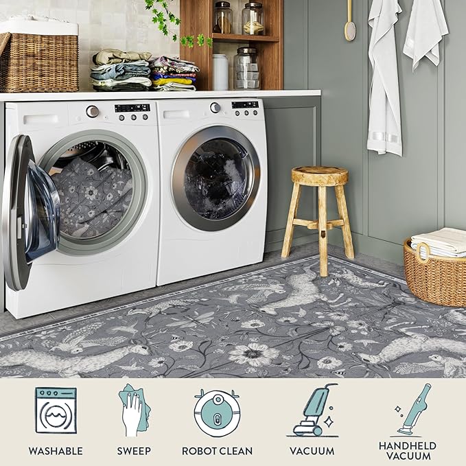 Lahome Boho Animal 6x9 Washable Living Room Area Rugs, Grey Soft Rugs for Bedroom, Botanical Large Boho Non Slip Dining Room Carpet for Under Table Office Kids Playroom (6x9ft,Grey)