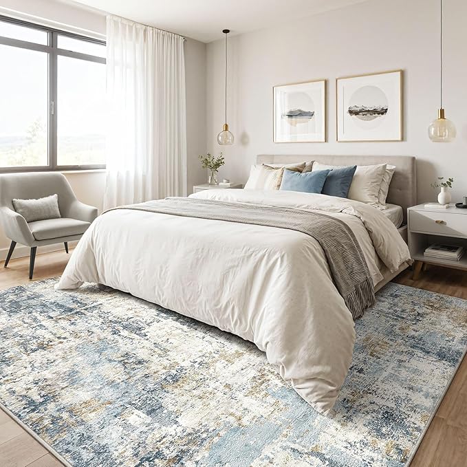 9x12 Area Rug Living Room: Washable Large Abstract Modern Soft Stain Resistant Indoor Floor Rugs Non Slip Accent Carpet for Bedroom Nursery Playroom Office Dining Room Dorm Home House- Blue