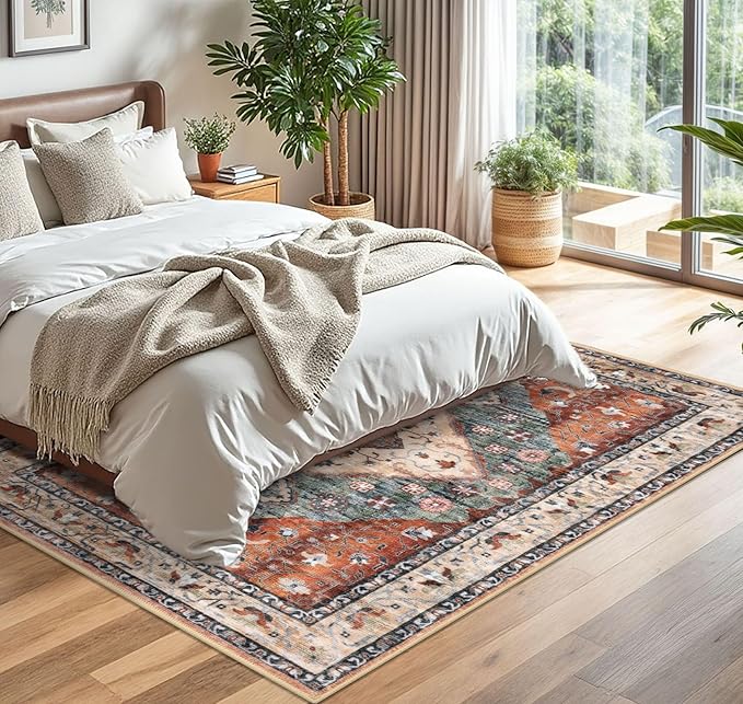 KOZYFLY Boho Area Rug 5x7 Ft Thin Rugs for Living Room Washable Bedroom Rug Non Slip Rugs for Living Room Rust/Orange/Blue Printed Faux Wool Vintage Bedroom Rug Floor Carpet for Dining Room