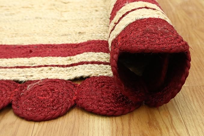 4x10 Oval Jute Runner – Hand Braided Flatweave Runner, Solid Red Beige, 0.27" Thick, Handmade Boho Natural Jute Oval Rug for Hallway, Staircase, Entryway, Corridor
