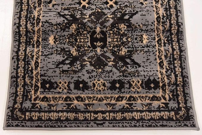 Unique Loom Taftan Collection Border Geometric Tribal Inspired Design Area Rug (2' 2 x 8' 2 Runner, Gray/ Black)