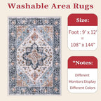 SERISSA Washable Rugs 9x12 Area Rugs, Large Non-Slip Blue Orange Living Room Rug, Ultra Soft Boho Vintage Print Distressed Oriental Farmhouse Carpet for Dining Room Bedroom Dorm Office Home Decor