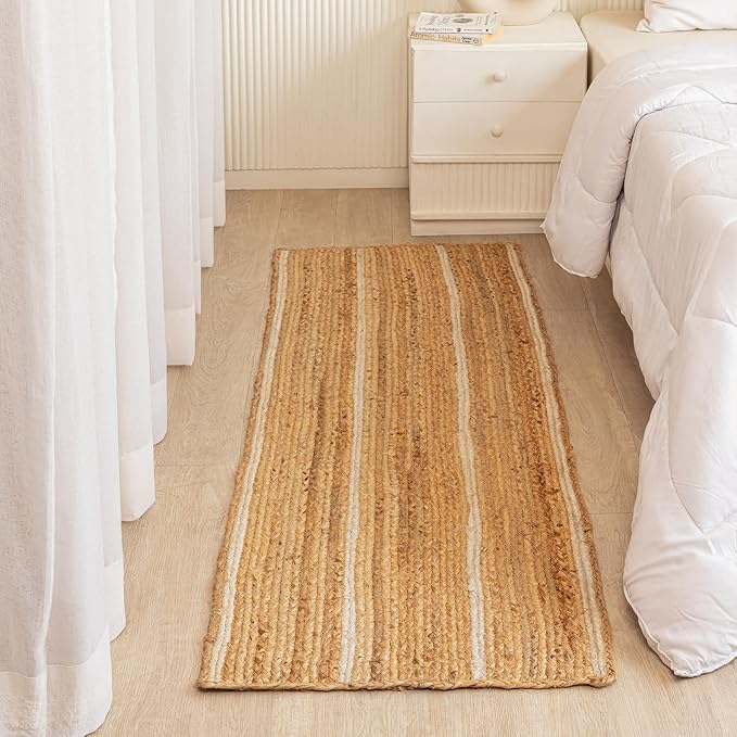 HOMEMONDE Braided Jute Runner Rug 2x6 ft Natural and Off White Stripe - Premium Fiber - Hand Woven Rustic Vintage Reversible Area Rugs for Entryway, Bedroom, Kitchen, Living Room, Dining Room