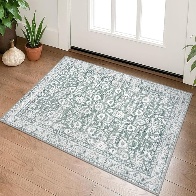 Vintage Entryway Rug 2x3 Washable, Sage Green White Kitchen Rug, Super Soft Thin Faux Wool Small Area Rug, Non-Slip Accent Mat for Foyer, Bedroom, Office