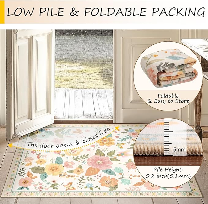 Floral 9x12 Area Rug Machine Washable Soft Print Boho Carpet Non Slip Doormat Low Pile Flower Area Rugs for Living Room Bedroom Nursery Kitchen Dining Room Indoor-Beige/White/Orange