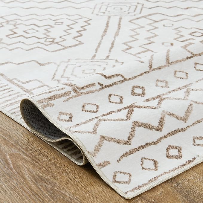 jinchan Moroccan 4x6 Area Rugs for Bedroom - Machine Washable Soft Modern Geometric Stain Resistant Non-Slip Ultra-Thin Low-Pile Faux Wool Carpet for Living Room Kitchen Dining Room (4x6ft, Taupe)