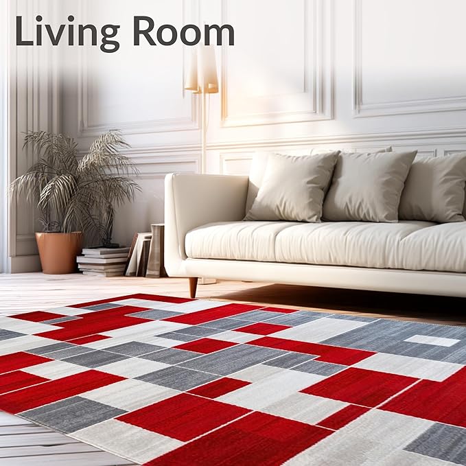 Flatwoven High Traffic Area Rug 5x7, Waterproof Patio with Anthracite Accents, Non Slip, Stain Resistant, Washable Area Rugs for Living Room, Bedroom (Red, 5x7)