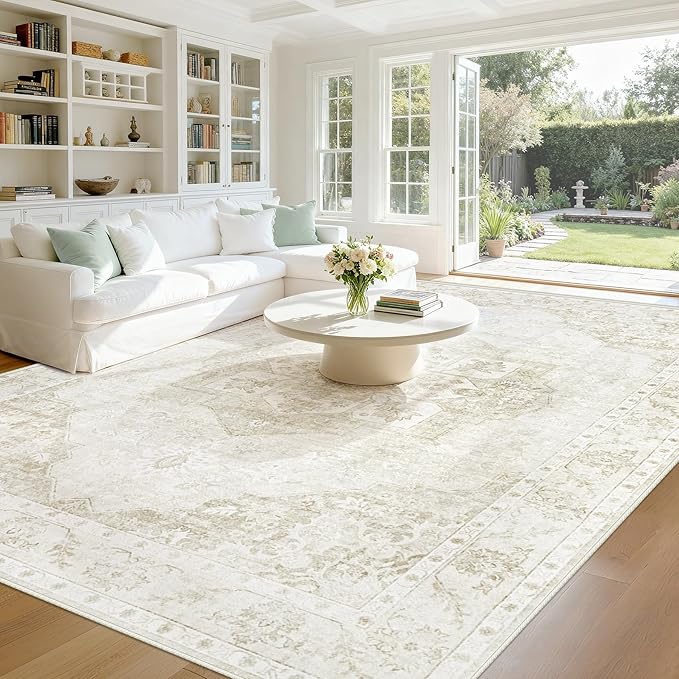8x10 Area Rugs Washable Rugs for Living Room, Large Vintage Boho Rug Non-Slip Soft Floral Distressed Rug Low Pile Stain Resistant Carpet for Bedroom Nursery Office Dining Room Farmhouse(Beige, 8'x10')