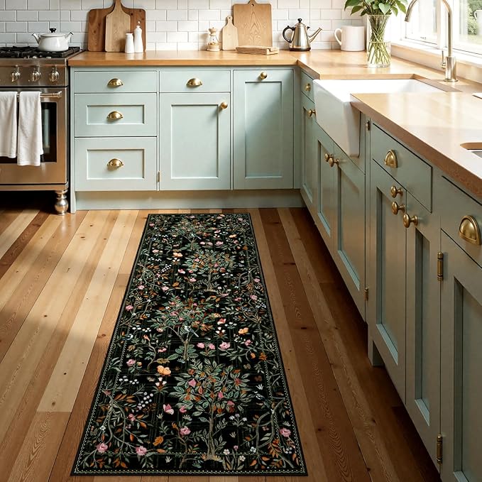 Morebes Floral Washable Runners for Hallways 2x8 Non Slip, Boho Flower Entryway Runner Rug, Botanical Birds Indoor Ultra-Thin Soft Floor Carpet Runners for Kitchen Laundry Bath Room Entrance, Black