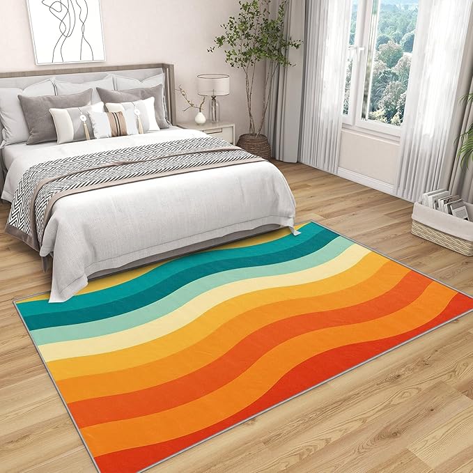 70s Rugs for Bedroom -Retro 70s Rug, 5x8 ft, Vintage Abstract Wave Area Rug, Colorful Groovy Washable Non-Slip Stain Resistant, Retro Swirl Striped Home Decor & Gifts