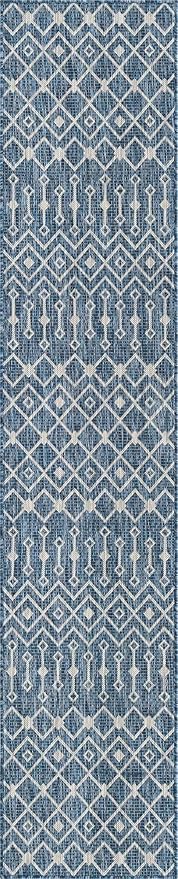 Unique Loom Outdoor Trellis Collection Area Rug - Tribal Trellis (2' x 10' Runner, Blue/ Ivory)