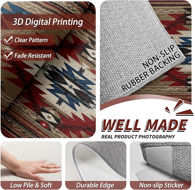 Navajo Washable Rugs - 5x8ft - Southwestern Tribal Ethnic Rustic Cabin Rugs for Living Room Non Slip Low Pile Area Rug for Bedroom, Navajo Carpets Room Decor & Gifts