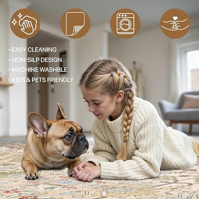 Bavni Bedroom Rug Runners for Hallways, Washable Runner Rug 2x10, Low Pile Non-Slip Indoor Throw Carpet for Bedroom Laundry Room, Ivory/Teal