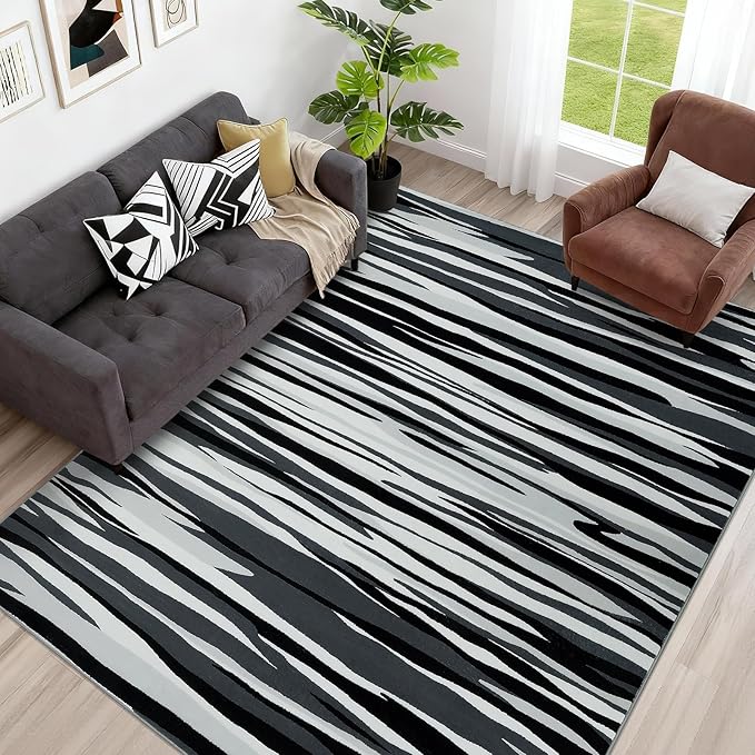 YIHOUSE 5×7 Ft Area Rugs for Living Room: Modern Abstract Black Grey and White Rug - Nonslip Washable Striped Rug for Bedroom Dining Room Office Playroom Nursery Home Decor