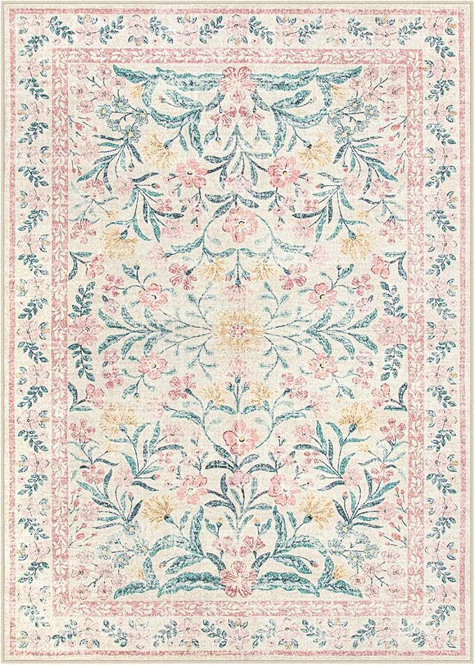 Wonnitar Pink Rugs for Bedroom Girls, 5x7 Washable Rug for Nursery Decor, Boho Soft Floral Carpet Non Slip, Indoor Ultra-Thin Floor Carpet for Baby Kids Room Living Room Dorm