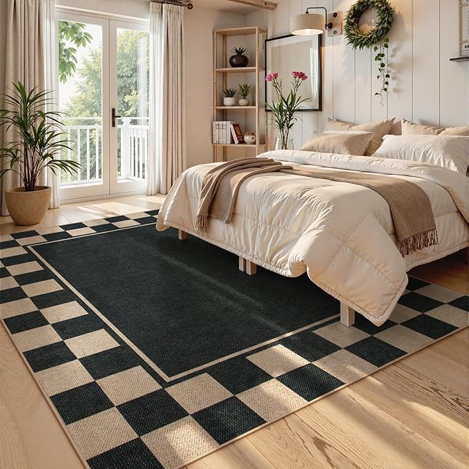 Moynesa Checkered Easy Jute Outdoor Rug 8x10 Area Rugs for Living Room, Black Washable Indoor Outdoor Patio Rug Non Slip, Large Farmhouse Carpet for Bedroom Dining Room Backyard