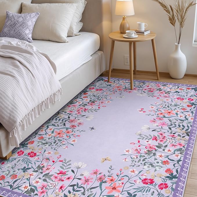 Wonnitar Washable 4x6 Rug, Purple Rugs for Girls Bedroom, Soft Non-Slip Nursery Area Rug, Floral Rug Kids Room Low Pile Throw Carpet for Dorm Decor (Purple,4'x6')