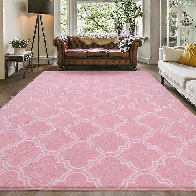 Amearea Fluffy Indoor Area Rug, Soft Trellis Moroccan Rugs for Bedroom, Shag Modern Area Rug for Living Room Kids Room Nursery, Easy Clean, Home Decor Low Pile Carpet, Pink 5x7 Feet