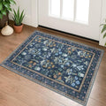 Boho Entryway Rug 2x3 Washable, Navy Floral Kitchen Rug, Super Thin Faux Wool Small Area Rug, Non-Slip Soft Carpet for Foyer, Bedroom, Office