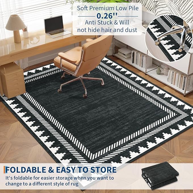 Modern Geometric Bordered 2×6 Non Slip Low Pile Runner Rugs for Kitchen Hallway Modern Stain Resistant Soft Indoor Carpet Foldable Machine Washable Non Shedding Bedroom Dining Room Rug, Black
