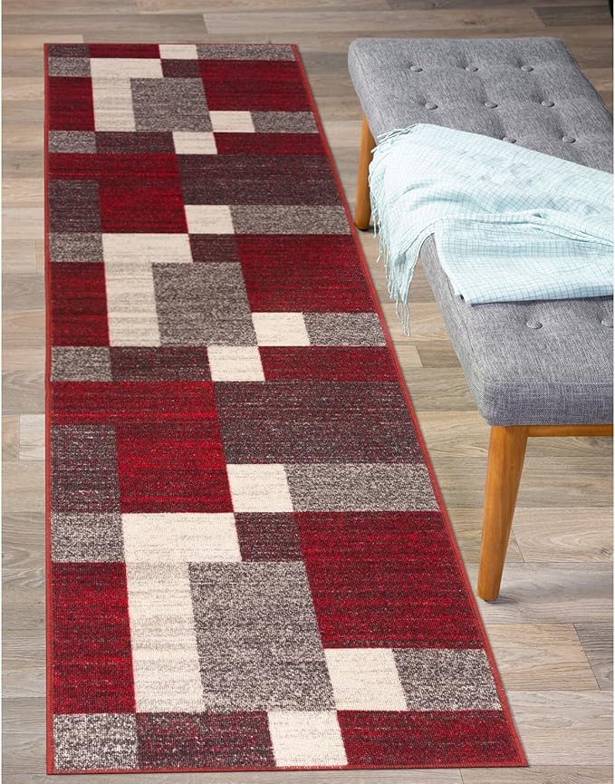 Rugshop Red Modern Geometric Boxes Non-Slip Area Rug Non-Shedding for Hallway, Entryway and Kitchen, 2' x 7'2" (22" X 84")