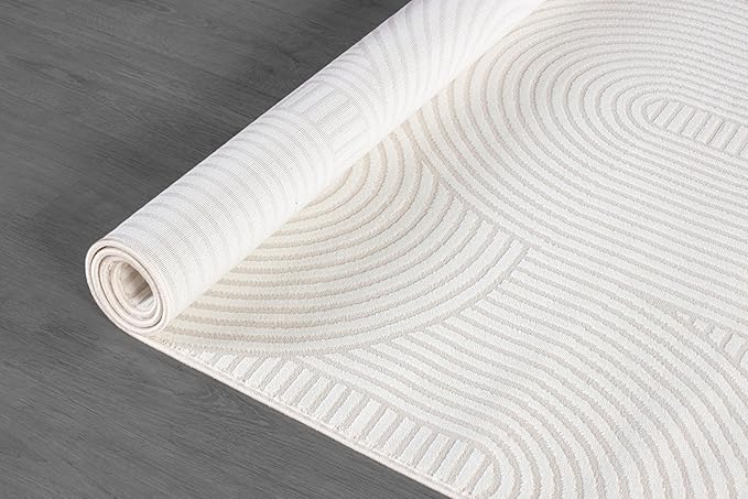Beverly Rug Modern Geometric Area Rug 4x6 Low-High Pile Durable Soft Abstract Semi-Circles Indoor Rugs for Living Dining Room Office Stain Resistant Non Shedding Indoor Carpet Beige White 4 x 6