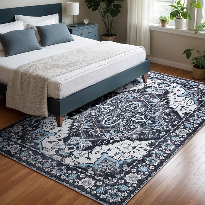 4x6 Washable Rug – Boho Non-Slip Indoor Area Rug for Living Room, Bedroom, Dining Room, Entryway – Black and Ivory with Ice Blue Accents