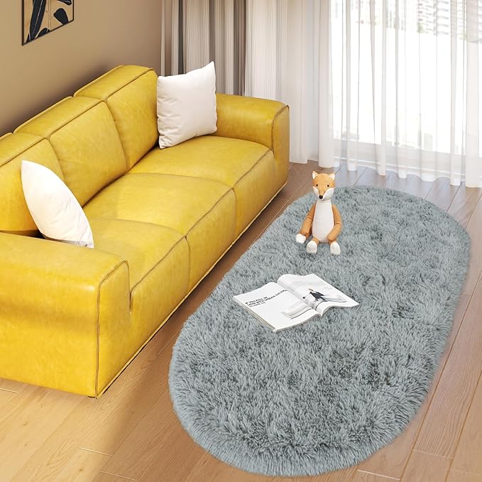 Soft Fluffy Area Rug for Bedroom, Grey Fuzzy Shaggy Oval Throw Rugs for Bedside, Non-Slip Cozy Plush Shag Carpet for Kids Room Nursery Dorm Living Room, 2.6 x 5.3 Feet